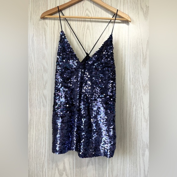 ZARA Women's Top Blue Purple Sequin Party Cami Tank Blogger V Neck Size M NWOT - Picture 4 of 6